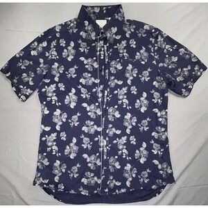 7 Diamonds Shirt Mens L Blue Floral Cotton Woven Short Sleeve Button Up Casual